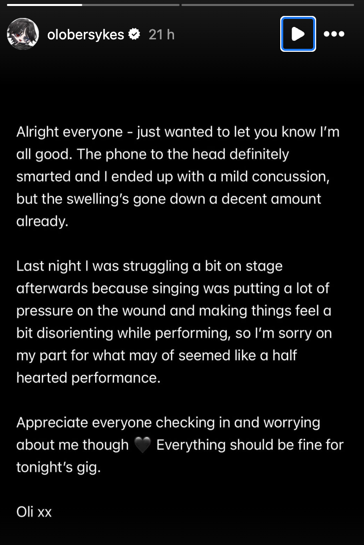 Oli Sykes of Bring Me the Horizon was hit in the head by a phone during a recent concert (olobersykes/Instagram)