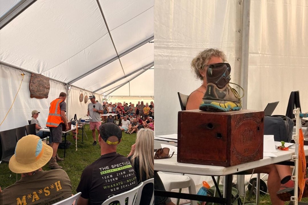 ‘Honest Glen’ leading the athlete briefing (left) and the suffering trophy (right) (Harry Bullmore/The Independent)
