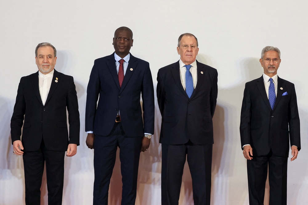 Iran's Foreign Minister Abbas Araqchi, South Africa's Foreign Minister Ronald Lamola, Russia's Foreign Minister Sergei Lavrov and India's Foreign Minister Subrahmanyam Jaishankar pose for a photo during the BRICS foreign ministers' meeting at Bharat Mandapam in New Delhi, India May 14 (Reuters)