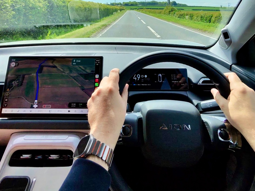 The Aion V gets a crisp 14.6-inch infotainment screen with Apple CarPlay and Android Auto, plus an 8.9-inch driver display (Steve Fowler)