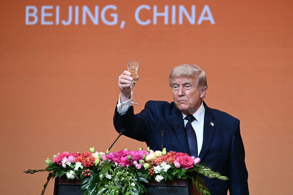 President Donald Trump thanked the Chinese president for a ‘magnificent welcome’ at the state banquet which featured a rendition of the president’s go-to campaign song: ‘YMCA’ (AFP/Getty)