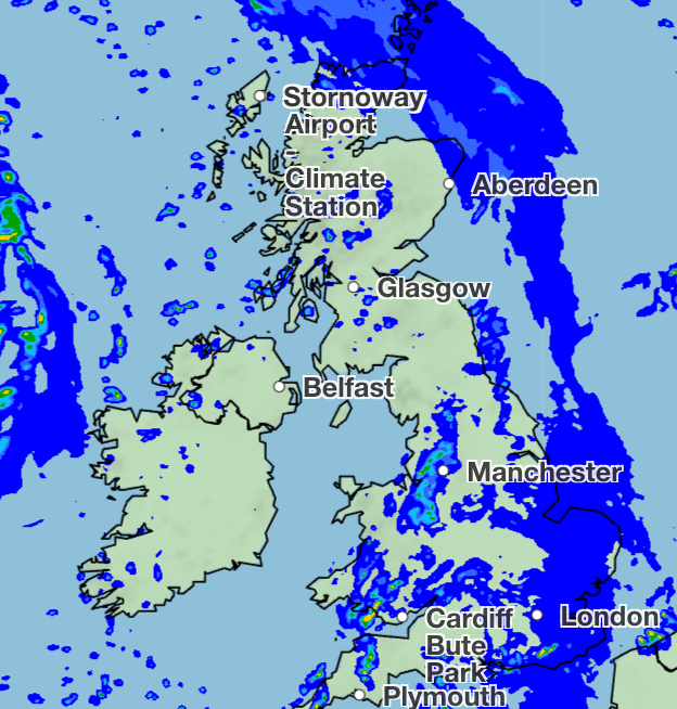 Sunday morning will see downpours across the South West especially (Met Office)