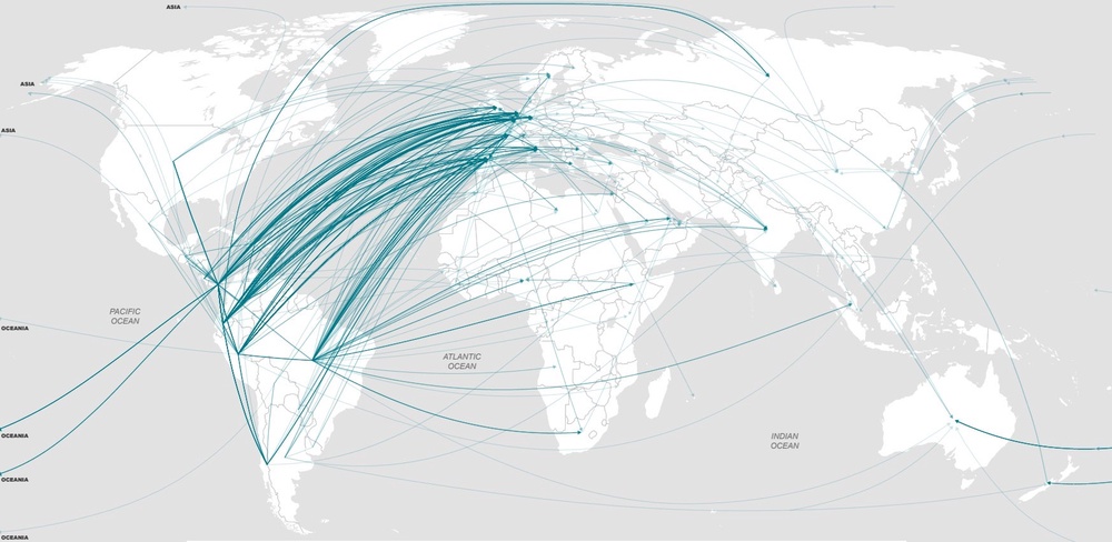 Cocaine trafficking routes departing the Americas, according to seizures in 2023-24. The UK was the sixth most popular destination from the Americas, following Spain, Belgium, the Netherlands, France and Italy (UNODC Drugs Monitoring Platform)