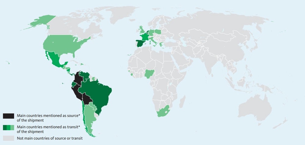 Main departure or transit countries of cocaine shipments as described in reported seizures, 2020-23 (UNODC)