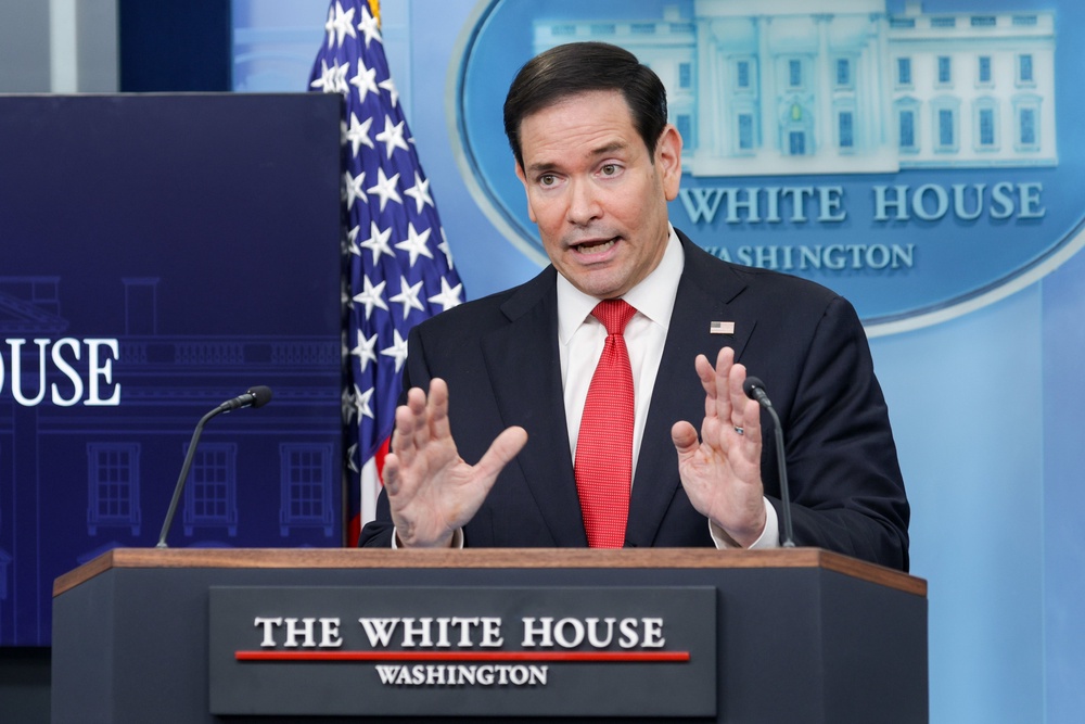 Rubio subbed in for Leavitt at a White House press briefing on May 5 (Getty)
