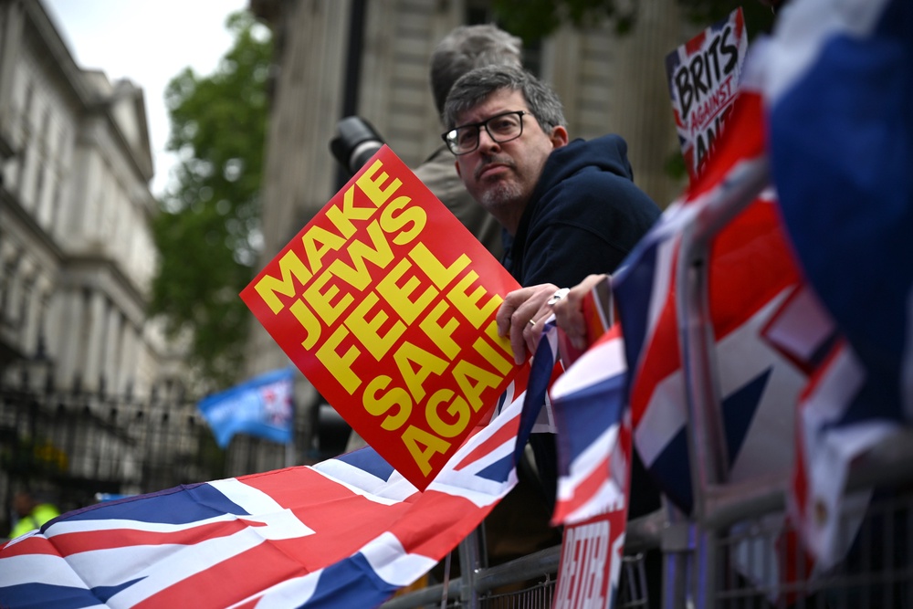 Protesters gathered at Downing Street for the 'Britain Stands With British Jews' rally earlier this month (Getty)