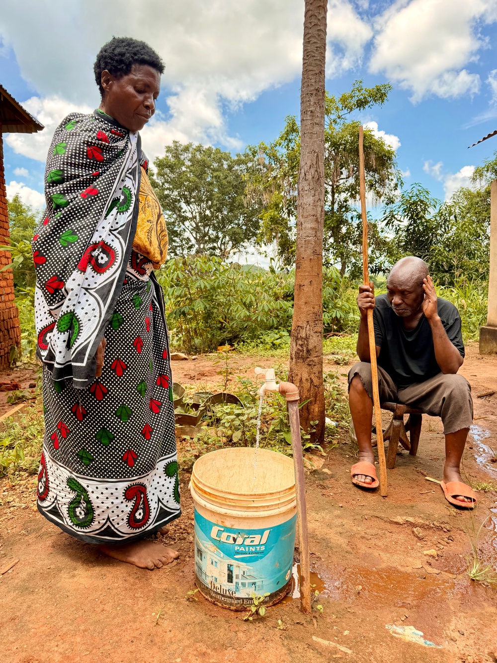 Mama Sabanga, pictured with her husband, describe the transformative impact of a new, deep borehole. In other parts of the region, however, shallower boreholes are drying out (Nick Ferris)
