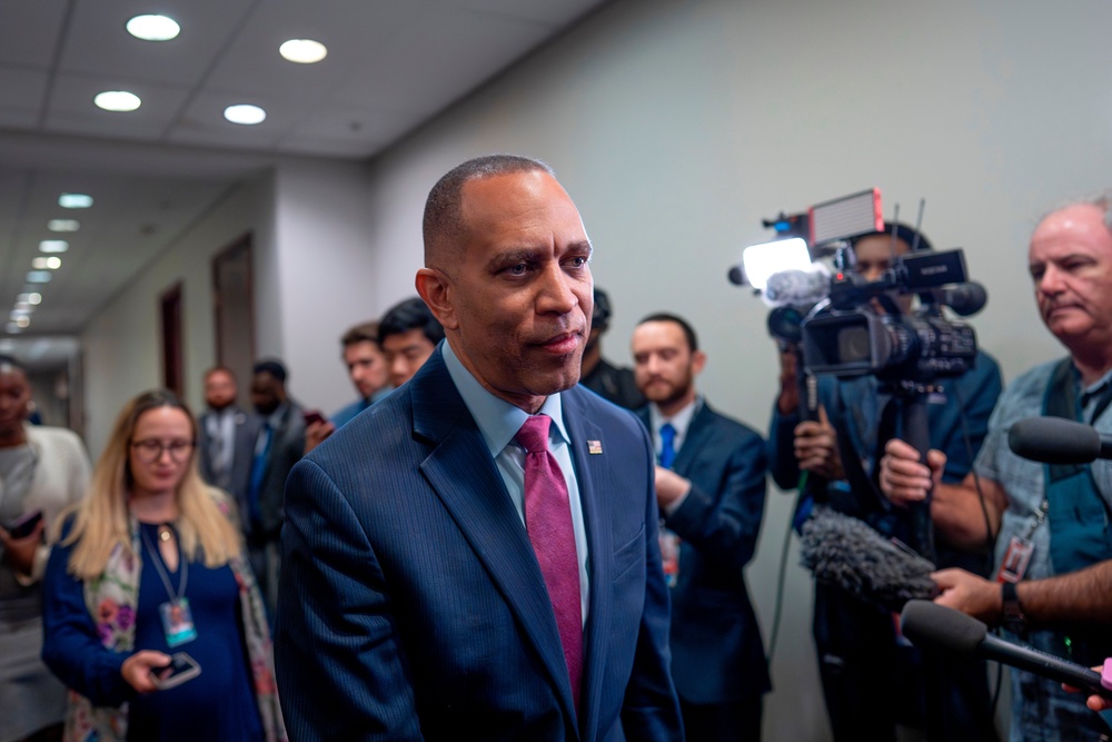 Trump said his idea had come while talking to Democratic House Minority leader Hakeem Jeffries who he described as a ‘very low IQ individual.’ The president’s ire towards Jeffries is well-documented (AP)