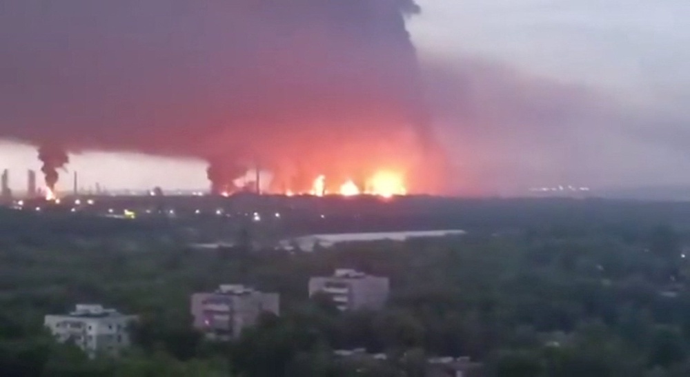 The aftermath of an airstrike close to the Ryazan oil refinery in May this year. Ukraine has been scaling up its attacks on Russian oil facilities (Reuters)