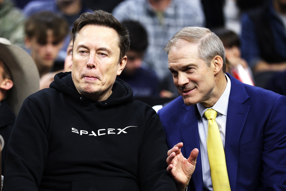 Jim Jordan with Elon Musk ahead of the NCAA Division I Wrestling Championship in Philadelphia, Pennsylvania in March 2025. (Getty)