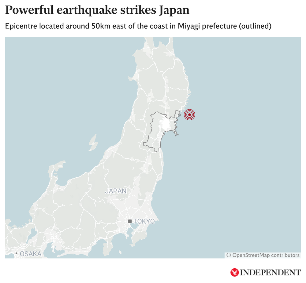 Locator map of where the powerful 6.7-magnitude earthquake struck in Japan's Miyagi prefecture (outlined) (The Independent)