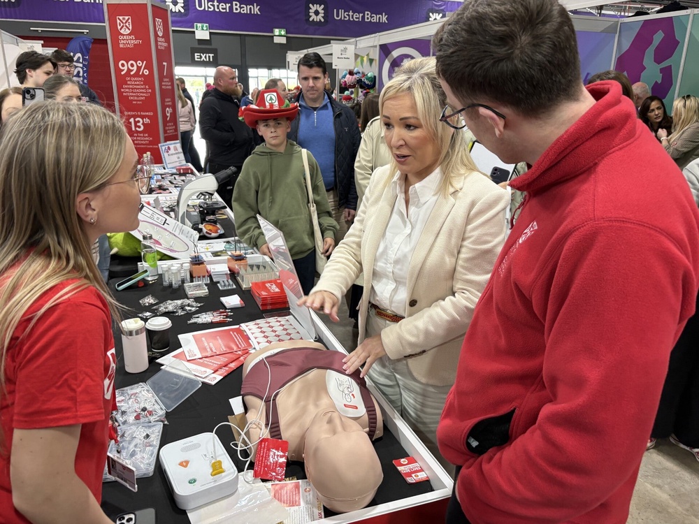 First Minister Michelle O’Neill at an education stall run by Queen’s University at the Balmoral agricultural show (David Young/PA) (PA Wire)