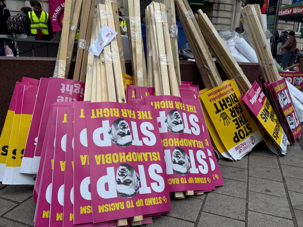 Placards ahead of the pro-Palestine march in central London (PA)