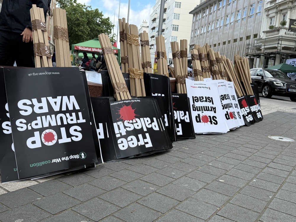 Placards in central London (Zhanna Manukyan/PA) (PA Wire)