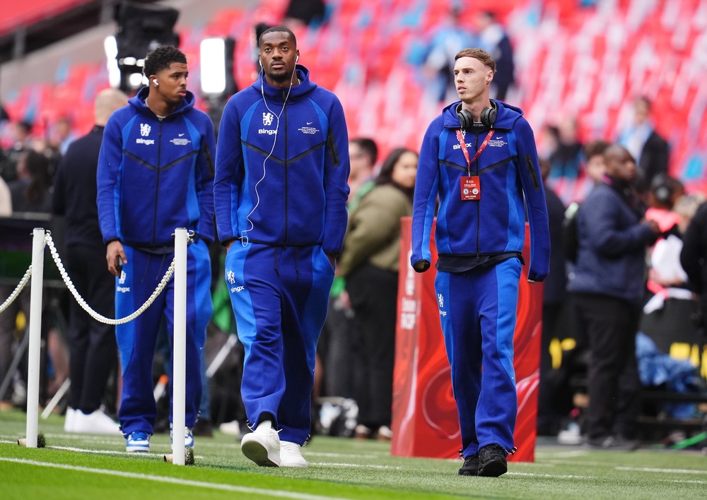 Cole Palmer, Tosin Adarabioyo and Wesley Fofana arrive and walk out on the Wembley Stadium pitch (PA)