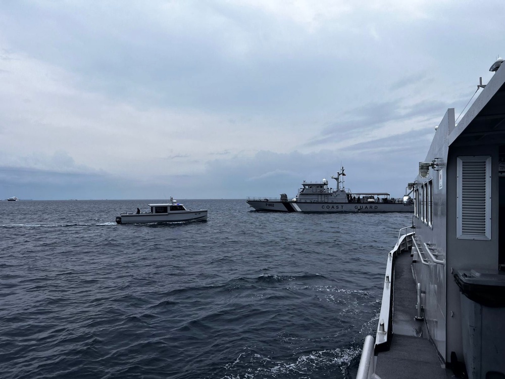 This image released by the Maldives President's Media Division, shows a coast guard boat and other vessels deployed to search for the four missing Italian divers near Alimathaa Island, Vaavu Atoll, Maldives (AP)