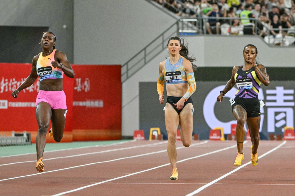 Jamaica's Shericka Jackson, Britain's Amy Hunt, and USA's Sha'Carri Richardson compete (AFP via Getty Images)