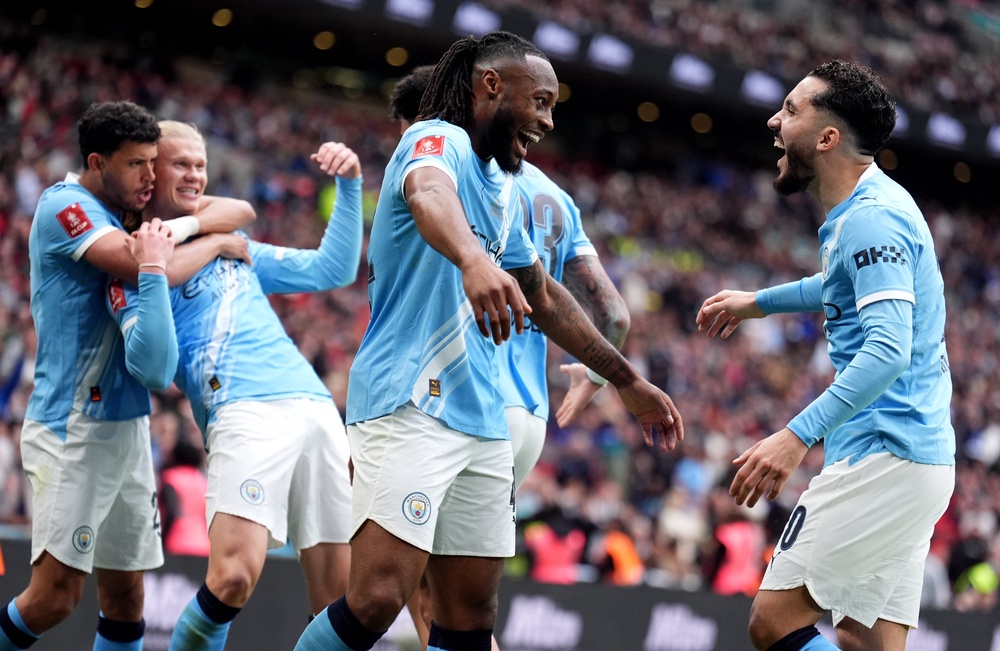 Semenyo celebrates his goal with team-mates (Mike Egerton/PA) (PA Wire)