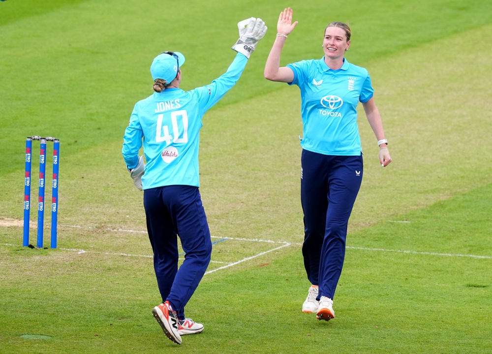 England’s Lauren Bell, right, celebrates the wicket of New Zealand’s Suzie Bates, not pictured, in Cardiff (David Davies/PA) (PA Wire)