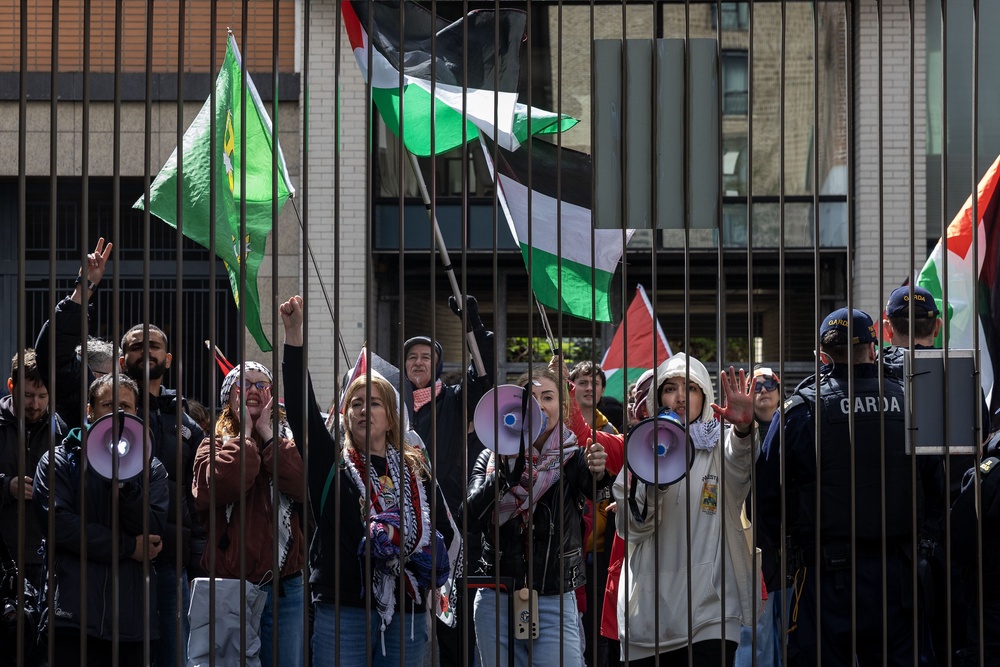 Pro-Palestine supporters demonstrate outside the Dublin Royal Convention Centre (Conor O Mearain/PA) (PA Wire)