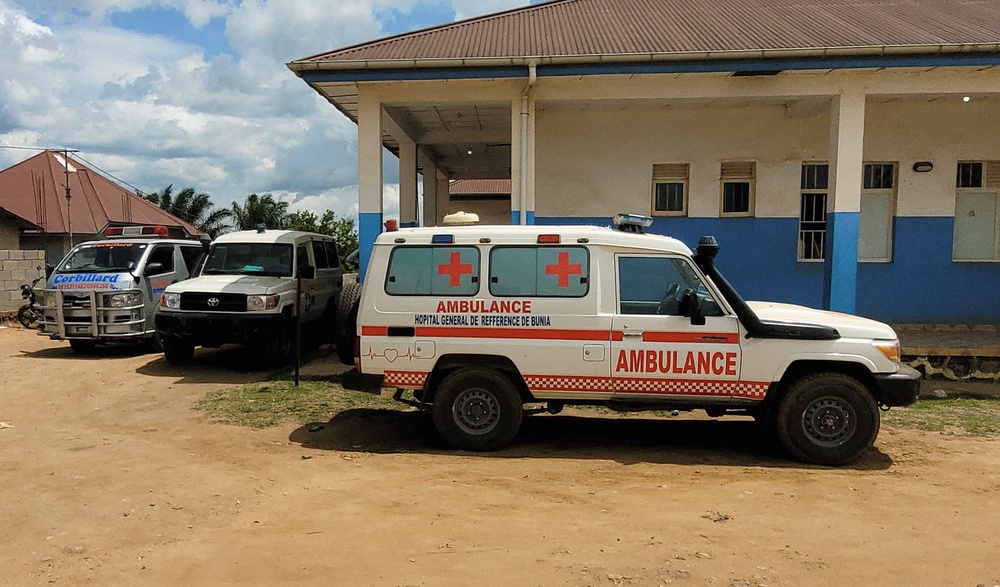 Ambulances parked at Bunia General Referral Hospital following confirmation of an Ebola outbreak involving the Bundibugyo strain in Bunia, Ituri province, Democratic Republic of Congo, 16 May 2026 (Reuters)