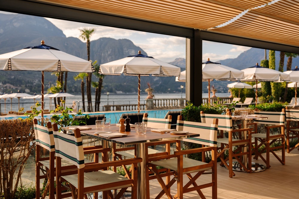 Restaurant Goletta overlooks Monte Tremezzo above the town of Griante (Grand Hotel Villa Serbelloni)