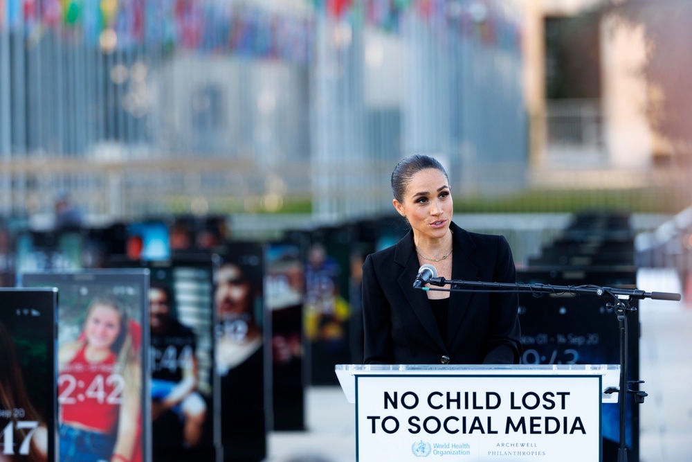 The Duchess of Sussex speaks during the inauguration of ‘The Lost Screen Memorial’ (Cyril Zingaro/Keystone via AP)