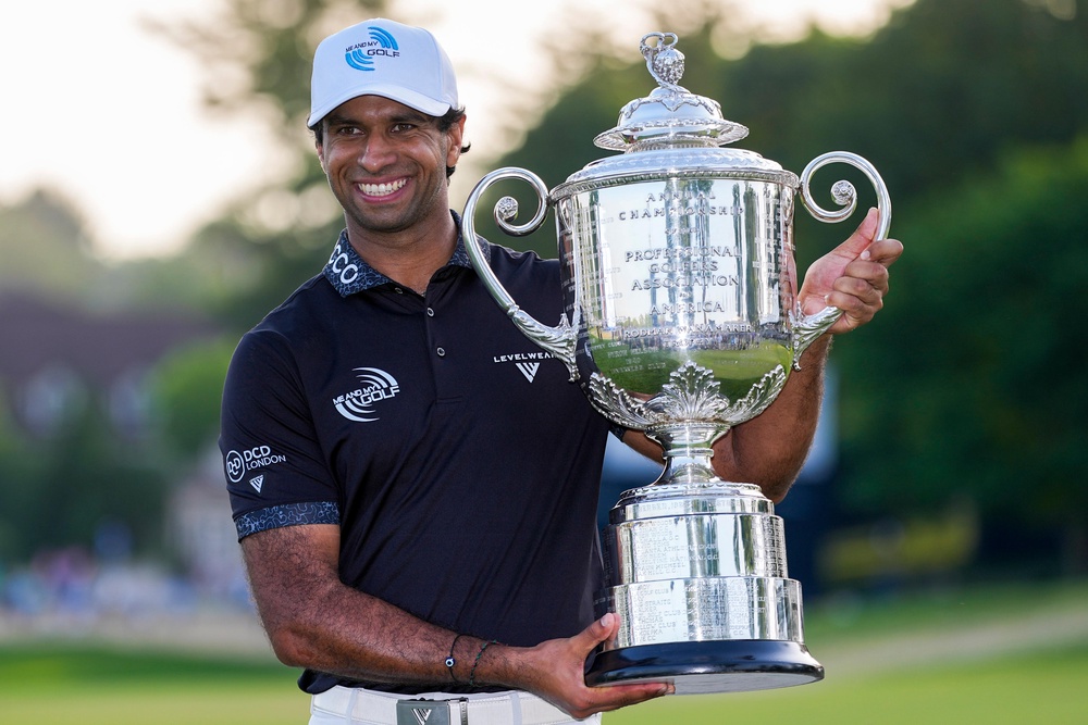 Aaron Rai holds the Wanamaker Trophy (AP Photo/Matt Slocum) (AP)