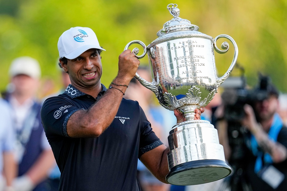 England’s Aaron Rai finished strongly to win the PGA Championship on Sunday (PA Wire)