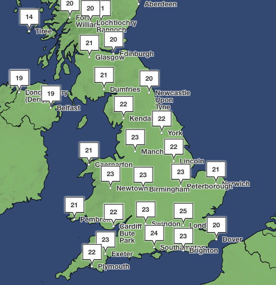 Highs of 25C are expected in the south east of England on Monday (Met Office)
