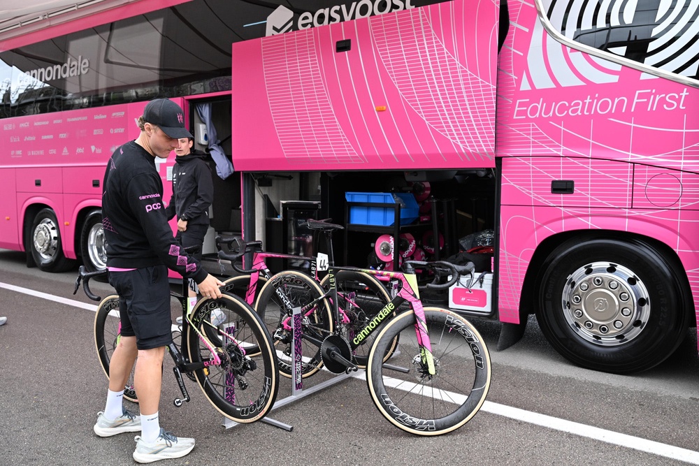 Preparations underway outside the EF Education-EasyPost bus (Alessandro Zambianchi – Zzam Agency!)