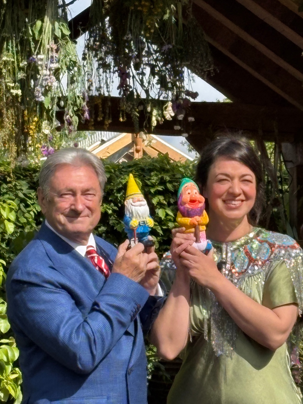 Alan Titchmarsh and designer Frances Tophill with their designs on gnomes for The RHS and The King’s Garden Foundation Curious Garden (Hannah Stephenson/PA)