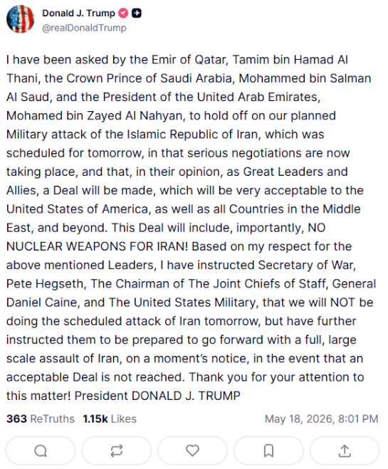 Donald Trump calls off strikes at request of Gulf allies in Truth Social post (Truth Social)