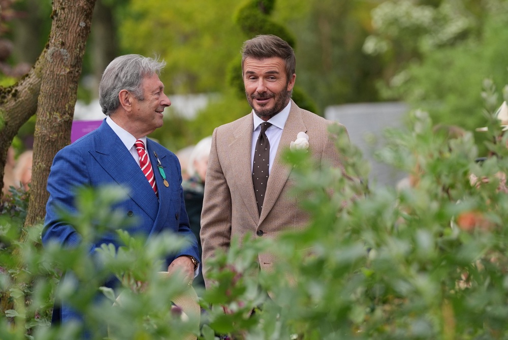 Sir David Beckham and Alan Titchmarsh talk together at the RHS Chelsea Flower Show, at the Royal Hospital Chelsea in London (Yui Mok/PA) (PA Wire)
