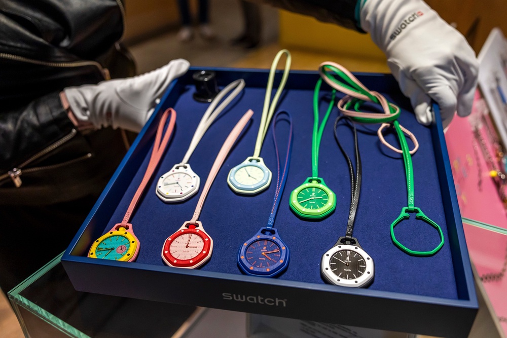 The new Royal Pop watches by Swatch and Audemars Piguet (Keystone via AP)