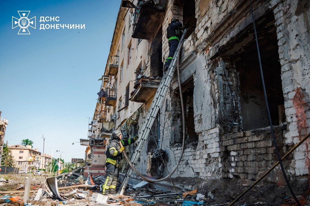 In this photo provided by the Ukrainian Emergency Service, emergency services personnel work to extinguish a fire after a Russian air attack in Kramatorsk, Donetsk region, Ukraine, Tuesday, May 19, 2026. (AP)