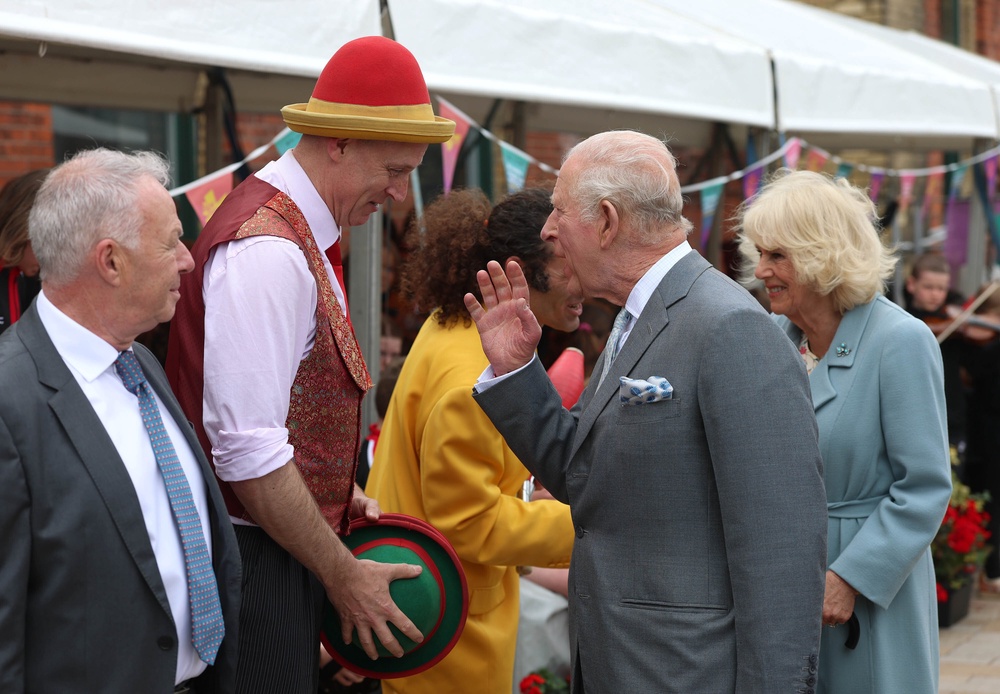 The King and Queen meet performers at Thompson Dock as they attend an event to mark Fleadh Cheoil na hEireann coming to Belfast in August (Liam McBurney/PA) (PA Wire)