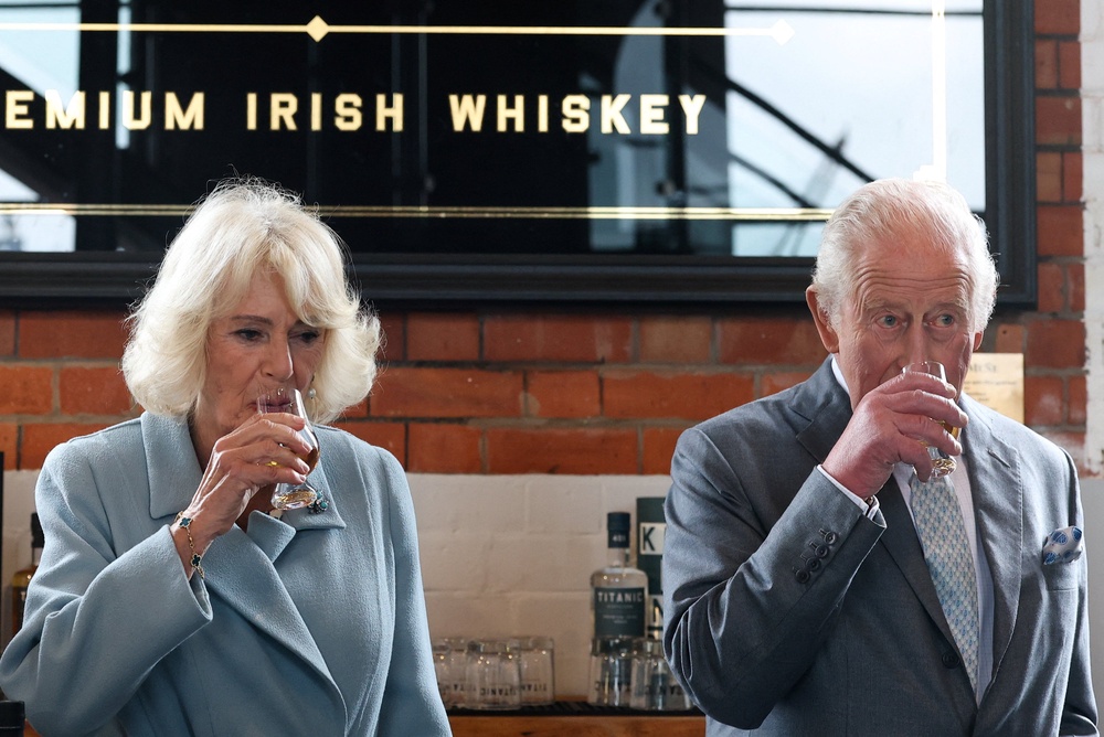 Charles and Camilla sampled Titanic whiskey during a visit to Titanic Distillers in Belfast (Toby Melville/PA) (PA Wire)