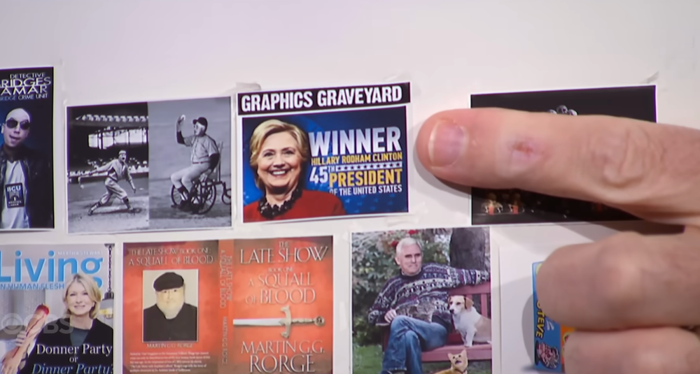 Colbert pointed to the graphic, which celebrated Clinton as the presumed winner of the 2016 election (CBS)