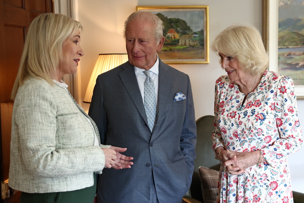 King Charles III and Queen Camilla greet Northern Ireland’s First Minister Michelle O’Neill during an audience at Hillsborough Castle in Belfast (PA) (PA Wire)