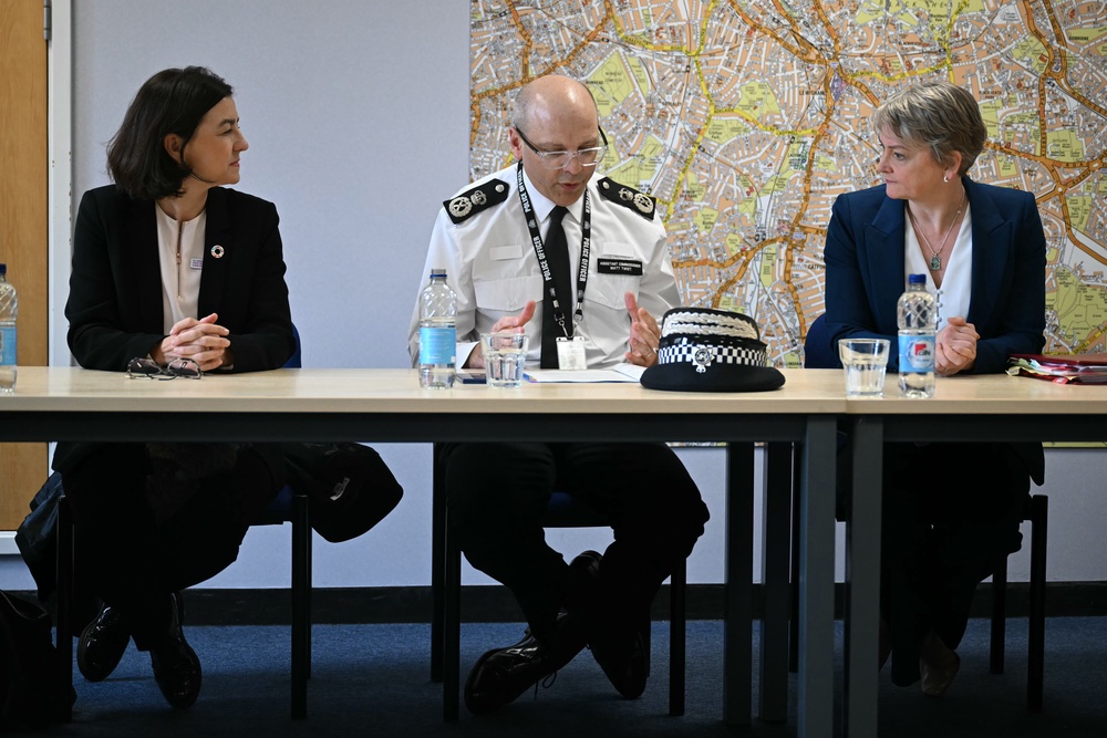 Metropolitan Police Assistant Commissioner Matt Twist with Foreign Secretary Yvette Cooper, right, and Spain’s state secretary for international cooperation Eva Granados (Justin Tallis/PA) (PA Wire)
