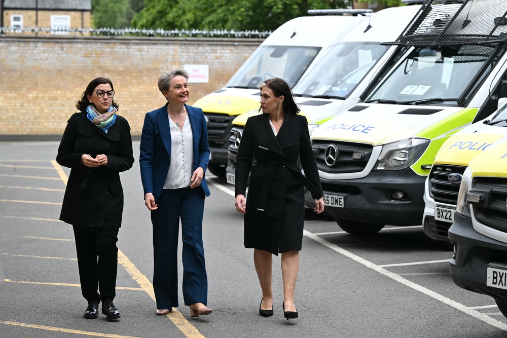 Yvette Cooper, centre, with Spanish minister Eva Granados, left, and safeguarding minister Natalie Fleet (Justin Tallis/PA) (PA Wire)