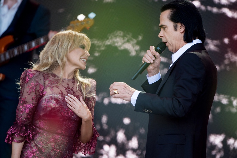 Minogue with Nick Cave during her performance at Glastonbury in 2019 (Getty)