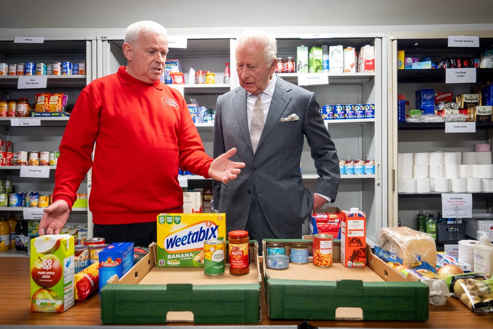 The King with John O’Neill at The Pantry Foodbank (Aaron Chown/PA) (PA Wire)