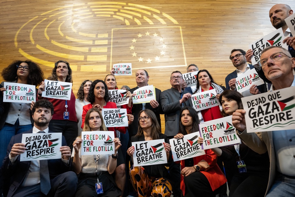 Demonstration in support of the Gaza flotilla during a session of the Strasbourg European Parliament on Wednesday (AFP/Getty)