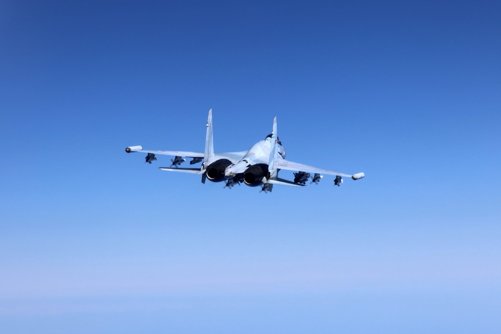 Russian Su-35 (pictured) and Su-27 jets flew as close as six metres from the Rivet Joint’s nose, disabling the aircraft’s autopilot (UK MOD Crown copyright)
