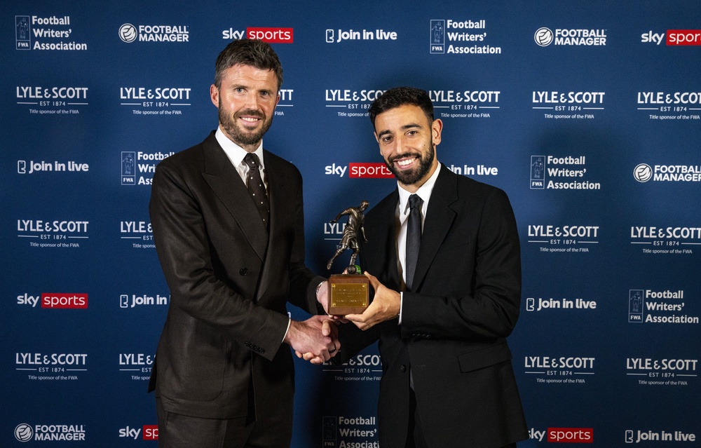 Carrick presented Bruno Fernandes with his player of the year award on Tuesday (PA Wire)