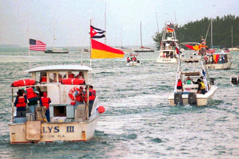 Some of the boats from the flotilla head for open waters March 2, 1996 off Key West, Fla., carrying Cuban Americans to the site of the downing of two Brothers to the Rescue planes by Cuban fighters (AP)