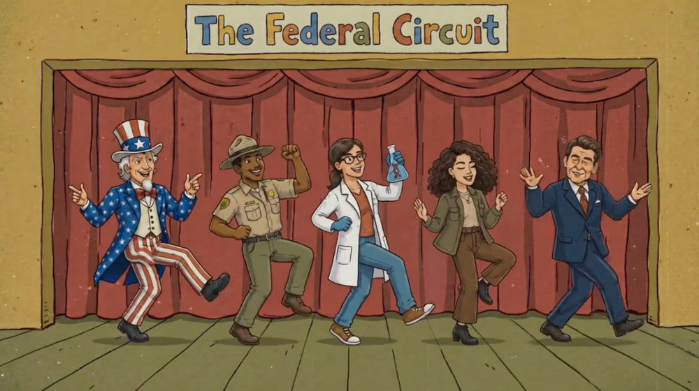 The clip features President Ronald Reagan, Uncle Sam and federal workers dancing in a line on stage (US Court of Appeals for the Federal Circuit, YouTube)