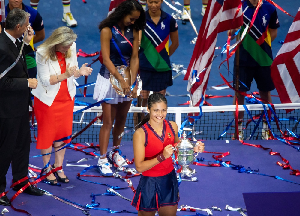 Emma Raducanu posed with the US Open trophy in 2021 (Michael Nagle/Xinhua via PA) (PA Media)